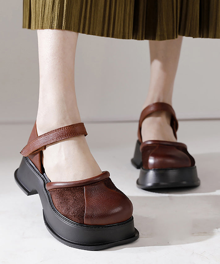 Cowhide Leather Splicing Platform Buckle Strap Loafer Shoes