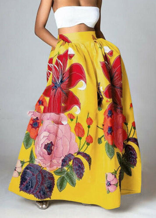 Yellow -black Print High Waist Pockets Print Cotton a Line Skirt Summer