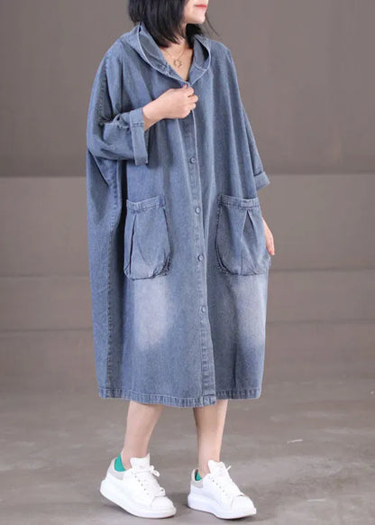 Denim Blue Hooded Pockets Cotton Long Dress Long Sleeve