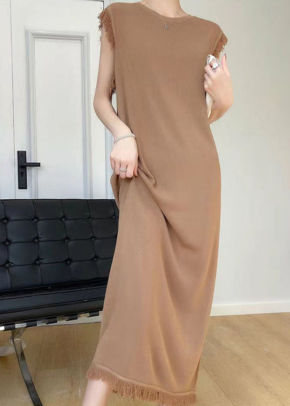 French Beige O-neck Tasseled Ice Silk Knit Dress Sleeveless