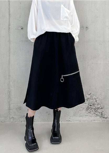 Black Side Open High Waist Patchwork Cotton a Line Skirts Fall