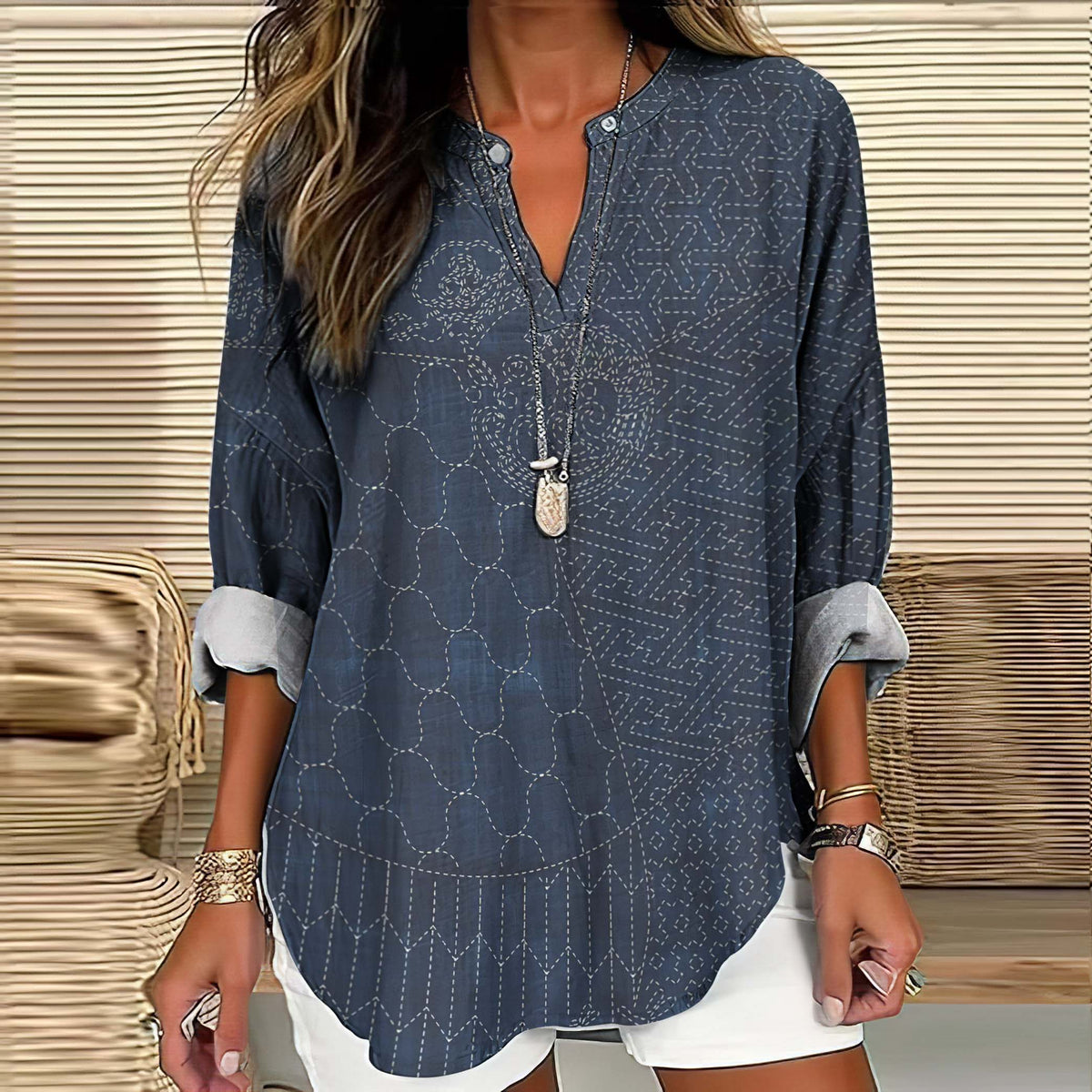 Comstylish Retro Japanese Traditional Sashiko Art Pattern Women's Linen V-Neck Shirt