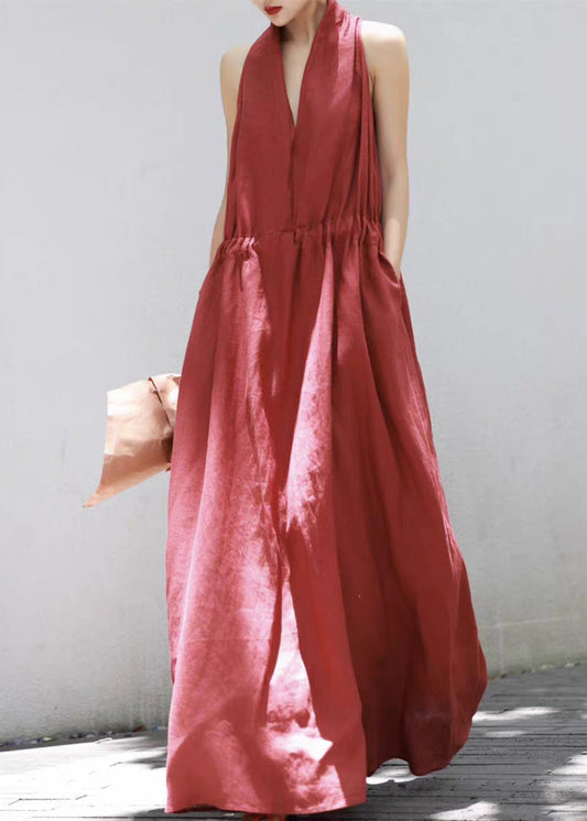 Red Lace Up Cotton Long Dress V Neck Summer