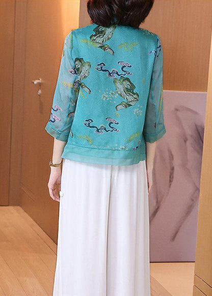 Blue Stand Collar Print Chinese Button Patchwork Linen Tops Summer