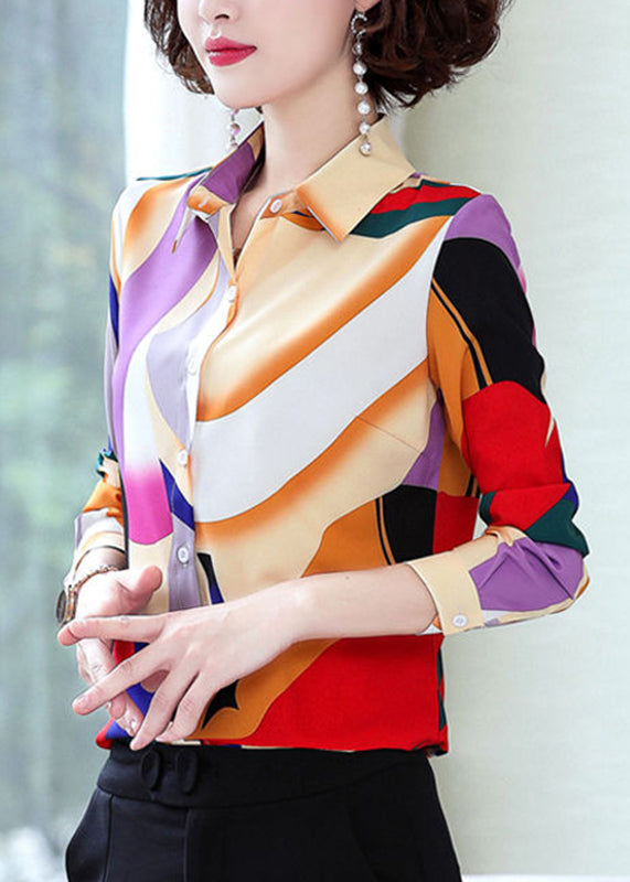 Rainbow Peter Pan Collar Print Chiffon Shirt Spring