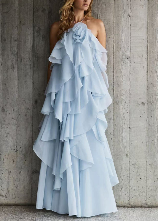 Italian Blue Backless Chiffon Spaghetti Strap Dress Sleeveless