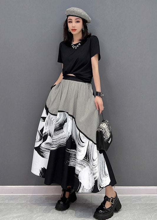 Black Pockets Print Patchwork Skirts Summer