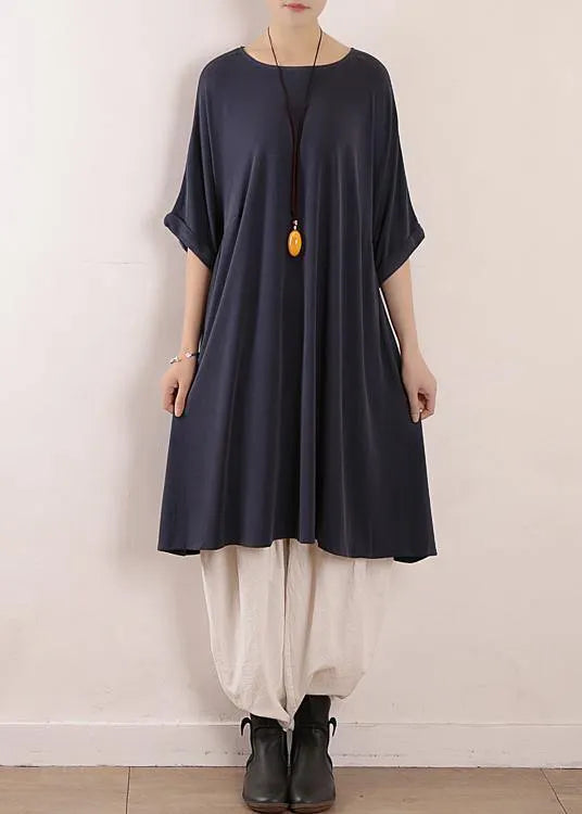 O Neck Large Hem Silk Tunics Design Blue Art Dress Summer