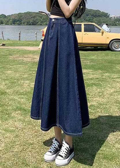 Navy High Waist Patchwork Denim a Line Skirts Summe