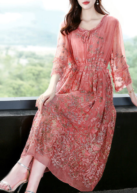 Style Pink O-neck Cinched Embroidered Silk Maxi Dress Bracelet Sleeve