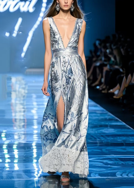 Light Blue Print Silm Fit Party Dress Deep-v Side Open Sleeveless
