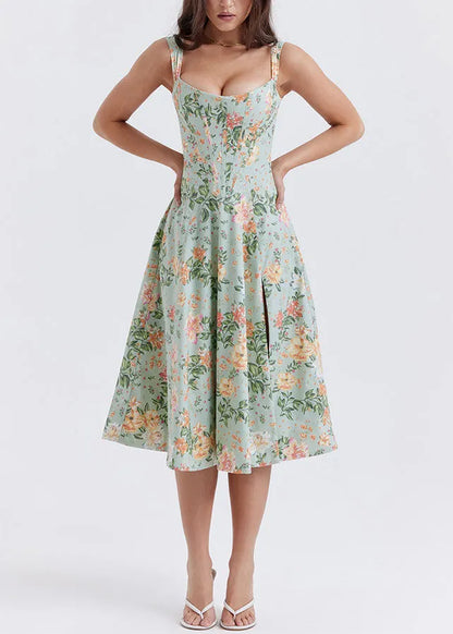 Green Print Side Open Lace Up Cotton Dresses Summer