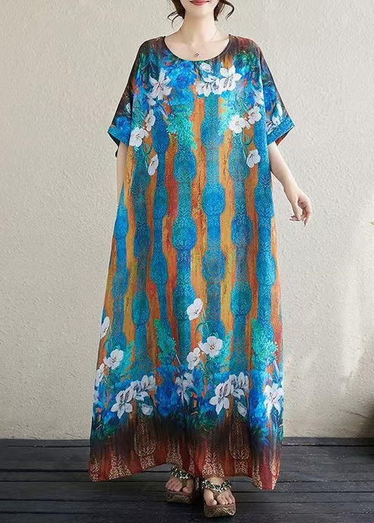 Blue Oversized Print Cotton Vacation Dress Batwing Sleeve