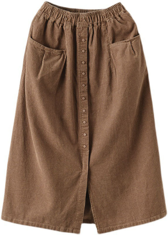 Khaki Elastic Waist Button Pockets Corduroy Skirts