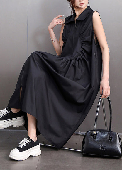 Black Patchwork Wrinkled Maxi Dresses Summer