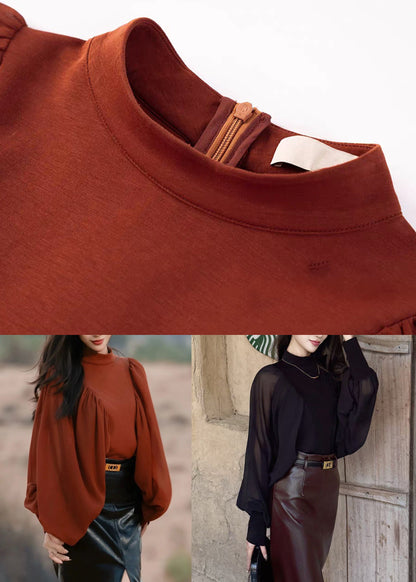 New Red Wrinkled Zippered Chiffon Patchwork Blouses Fall
