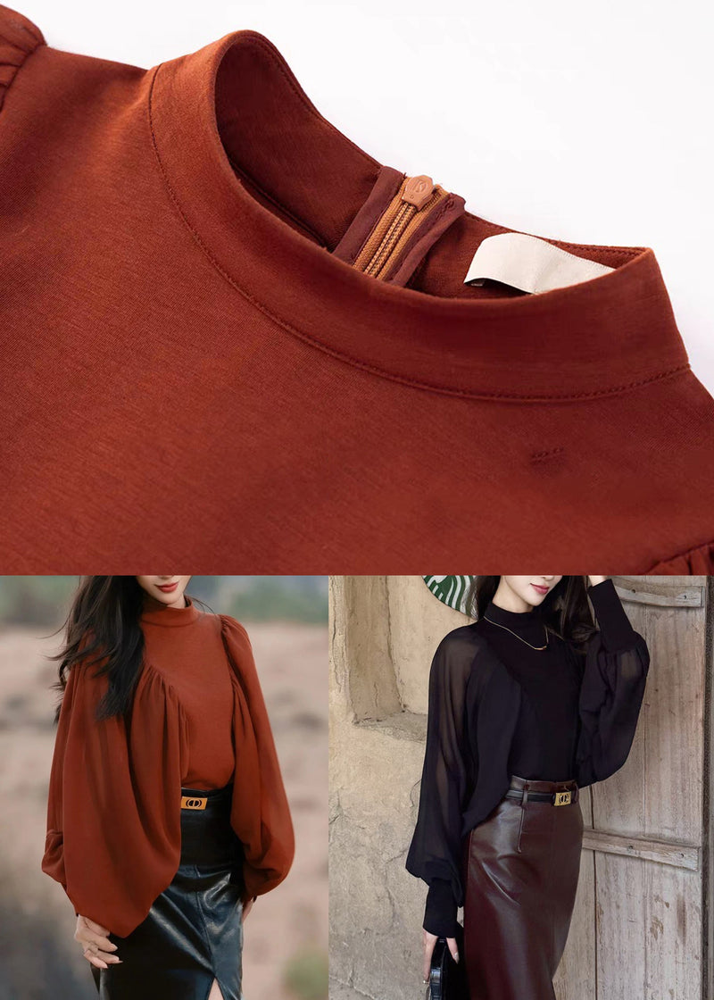 New Red Wrinkled Zippered Chiffon Patchwork Blouses Fall