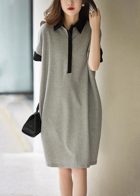 Grey Peter Pan Collar Button Patchwork Cotton Dress Summer