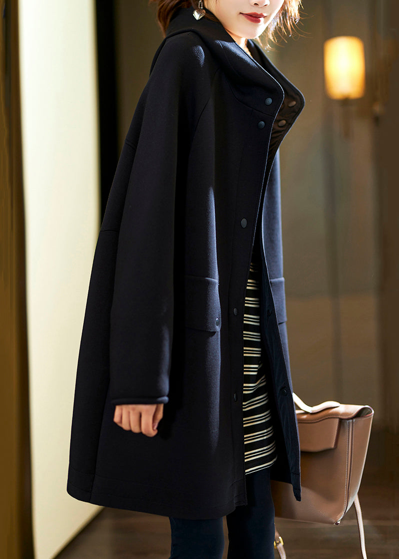 Black Hooded Button Pockets Cotton Coats Fall