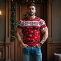 Comstylish Men's Vintage Christmas Jacquard Icelandic Art Cozy Knit Short Sleeve Sweater