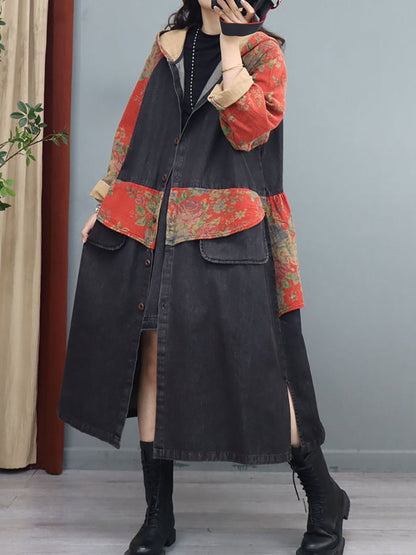 Denim Patchwork Print Hooded Long Coat