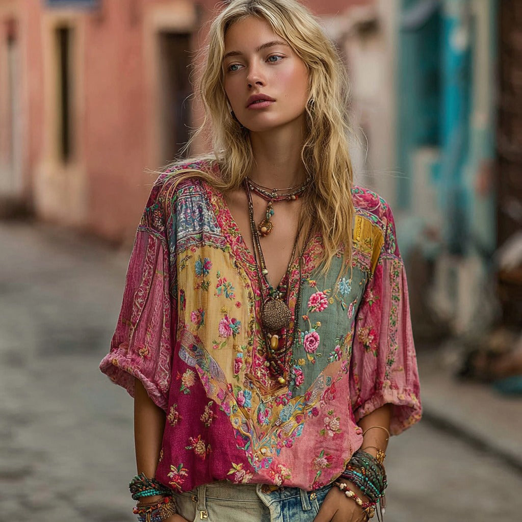 Women's Vintage Bohemian Floral Colorblock Design V-neck Linen Blend T-shirt elevenforest