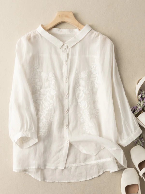 Embroidered 3/4 Sleeve Linen Shirt Top