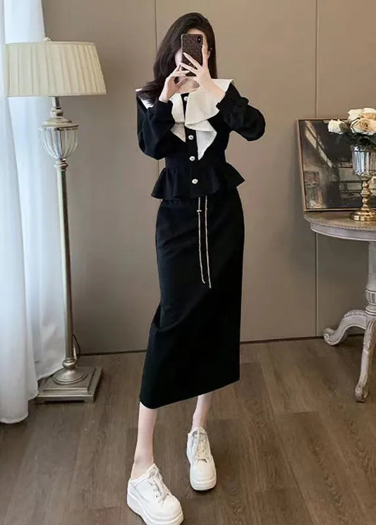 Stylish Black Ruffled Tops and Skirts Elastic Waist Cotton Two Pieces Set Spring