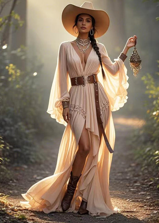 Apricot Asymmetrical Design Draping Vestidos Dress Flare Sleeve