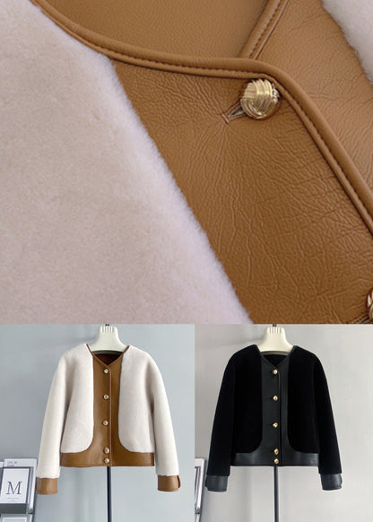 French White V Neck Patchwork Leather and Fur Jackets Winter