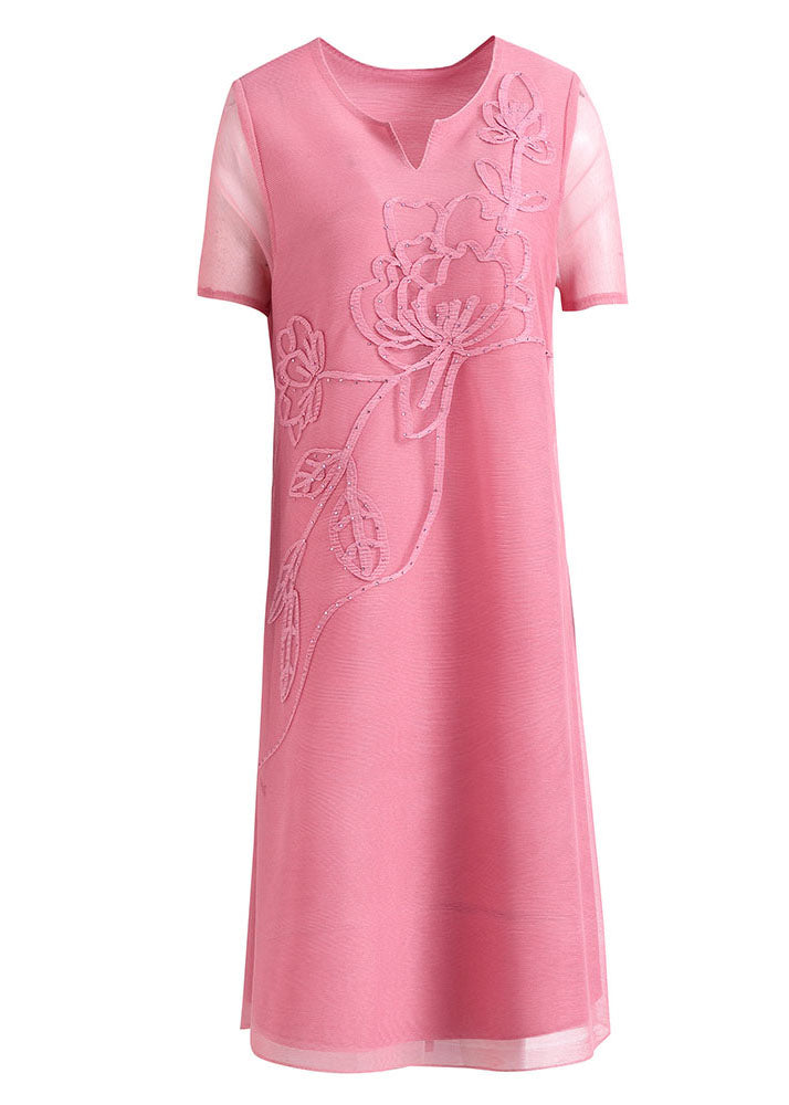 Diy Pink V Neck Embroidered Nail Bead Tulle Mid Dresses Short Sleev
