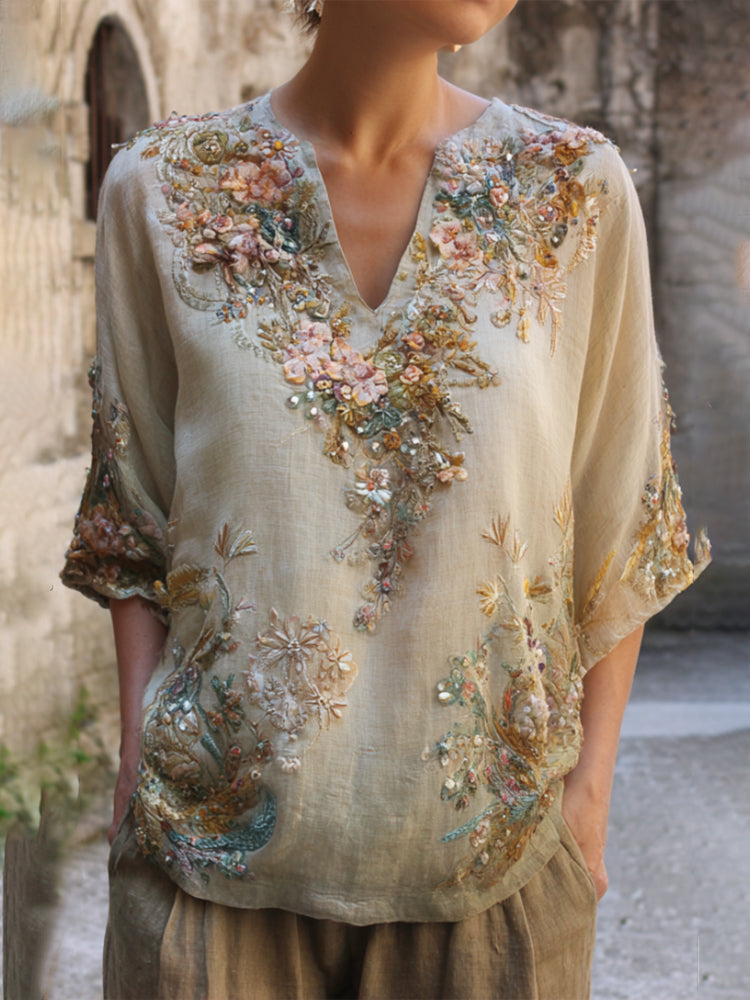 Bohemian Style Three-dimensional Small Floral Sequin Casual Vintage Silent Green Short-sleeved Shirt elevenforest