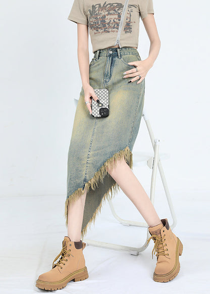 Blue Asymmetrical Tasseled Denim Skirt Summer