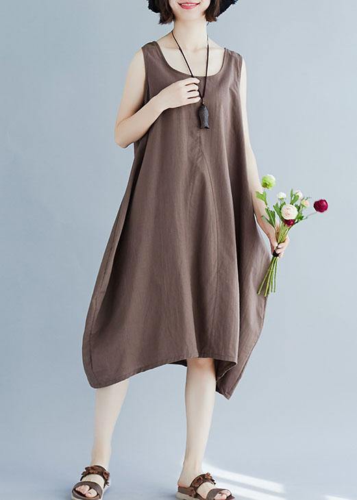 O Neck Linen Quilting Dresses Ideas Khaki Sleeveless Dress Summer