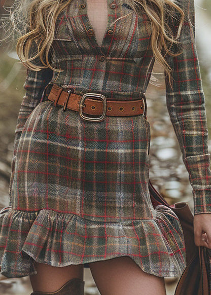 Ruffled Plaid Patchwork Cotton Mini Dress Spring