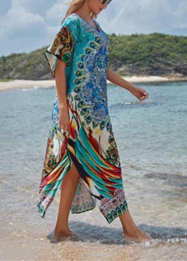 Blue Print Cotton V Neck Beach Gown Ankle Dress