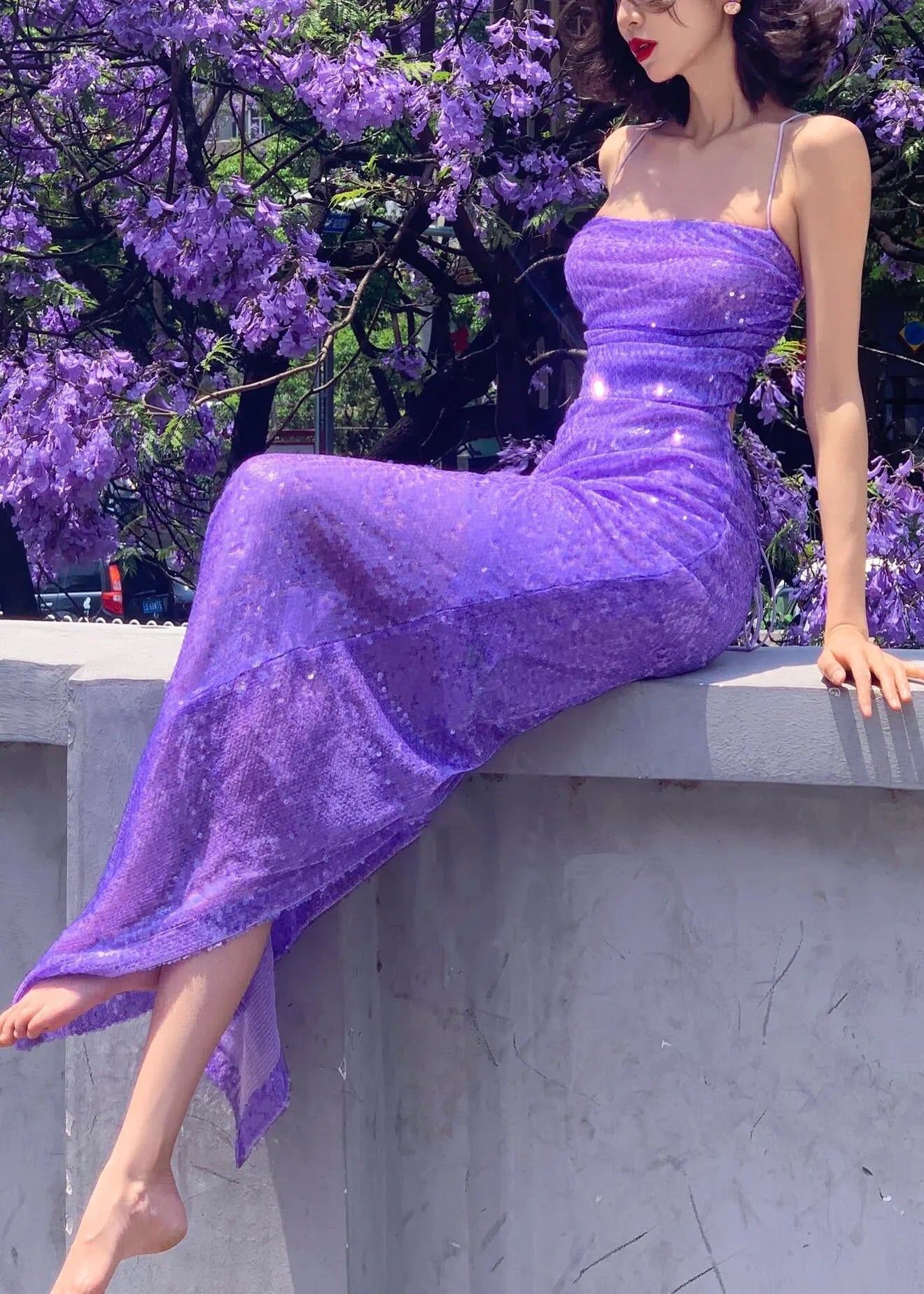 Purple Halter Sequins Side Open Silk Long Vestidos Summer