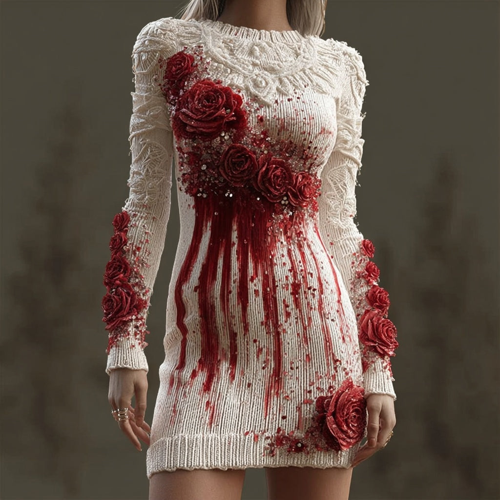 Halloween Bloody Roses Embroidered Cozy Knit Sweater Dress artswardrobe