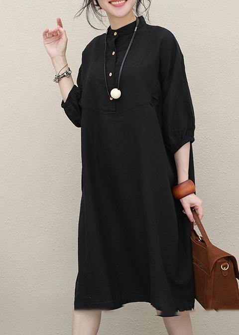 Art Stand Collar Batwing Sleeve Linen Summer Outfit Photography Black Dress
