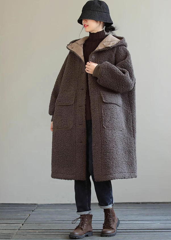 Coffee Hooded Button Faux Fur Winter Coat