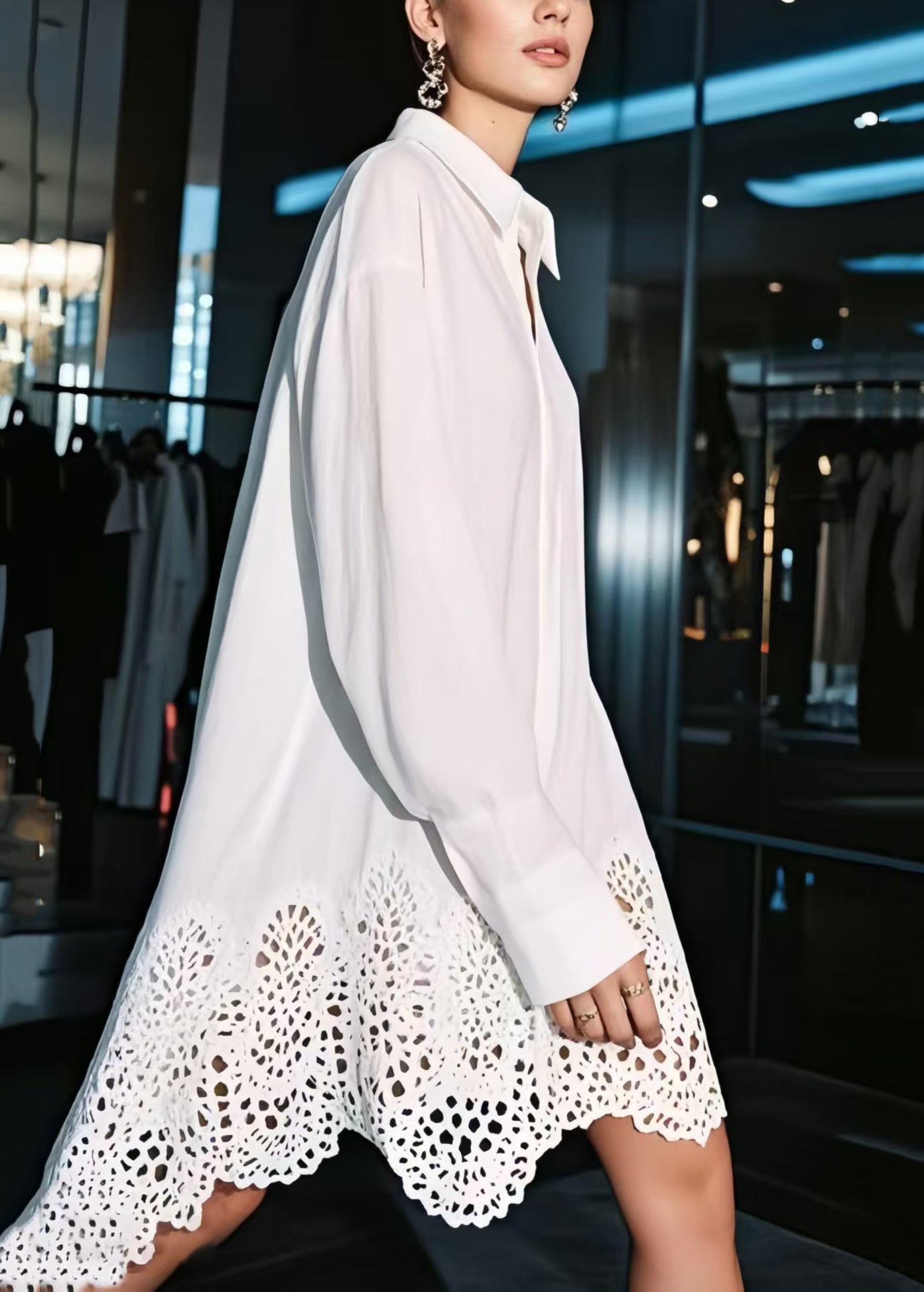 White Oversized Hollow Out Cotton Shirt Dresses Spring