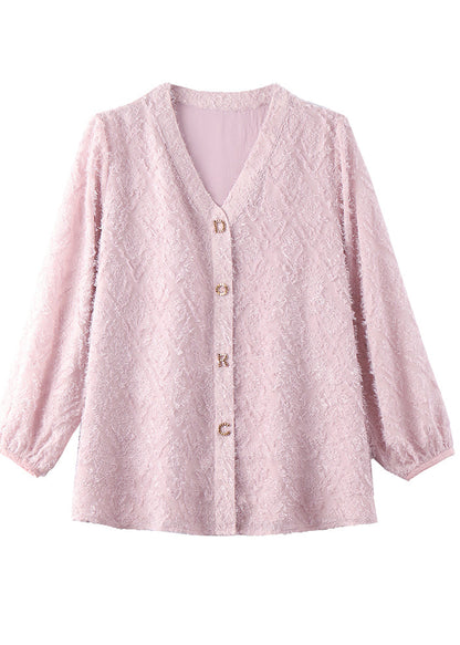 Beige V Neck Letter Cotton Blouses Spring