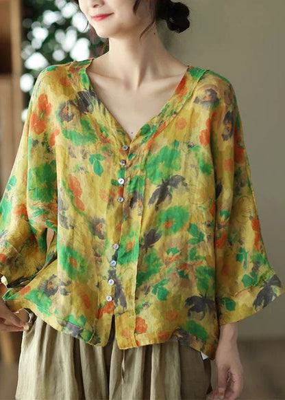 Simple Orange Peter Pan Collar Print Button Cotton Blouse Tops Long Sleeve