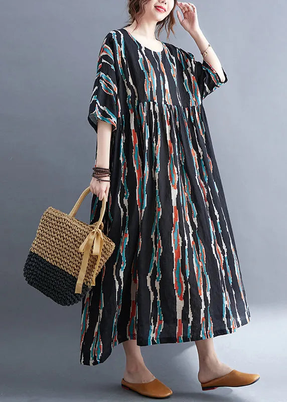 Black O-neck Print Long Dresses Half Sleeve