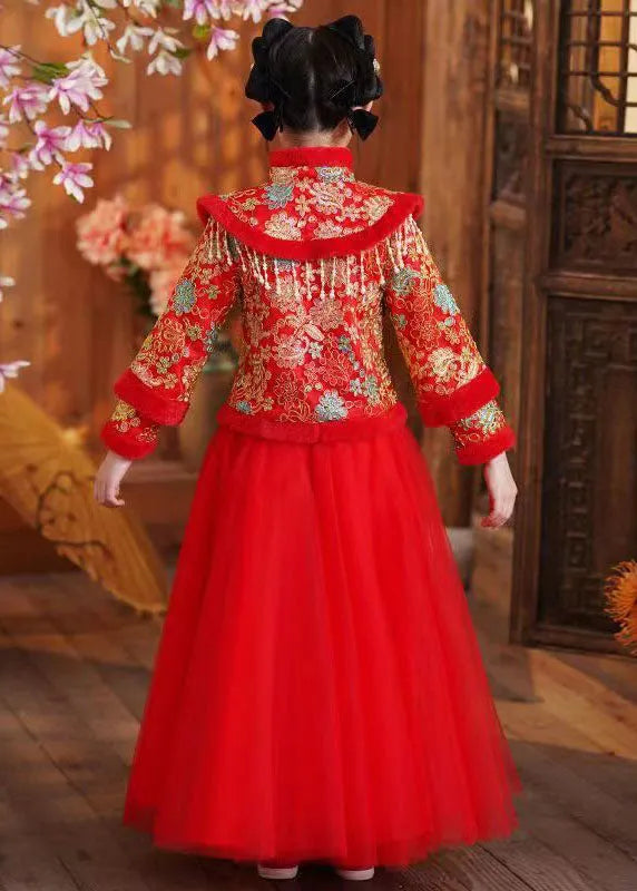 Art Red Embroideried Warm Fleece Kids Coats and Maxi Skirts Two Piece Set Long Sleeve