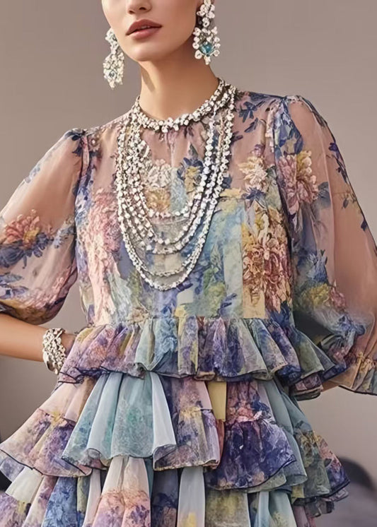 Purple Ruffles Print Chiffon Party Dresses Summer