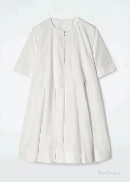 White Zip Up Cotton Day Dress Half Sleeve