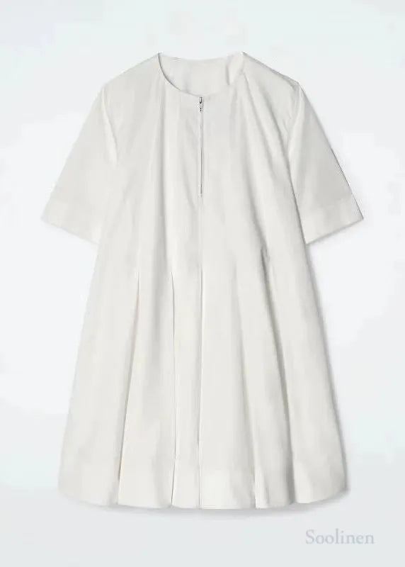 White Zip Up Cotton Day Dress Half Sleeve