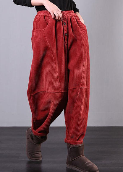 Modern Red Pants Oversize Fall Corduroy Pockets Cotton Pants