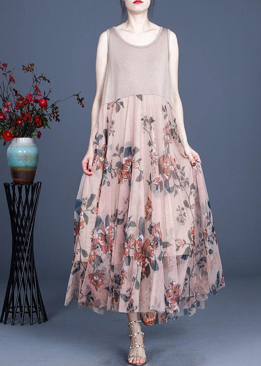 Pink Print Lace Dress O-neck Sleeveless Summer Dresses